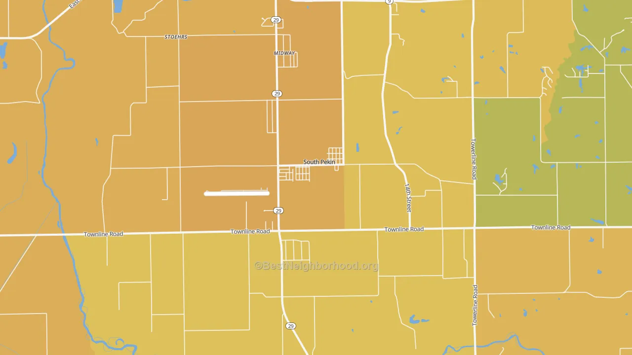Map of the best neighborhoods in the South Pekin area, with better matches in green and worse matches in red