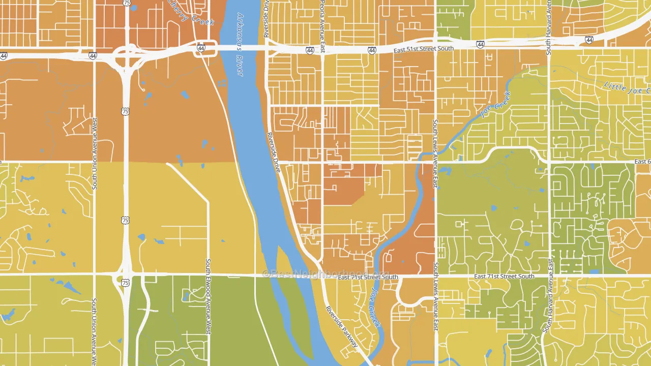 Map of the best neighborhoods in the South Peoria, Tulsa area, with better matches in green and worse matches in red