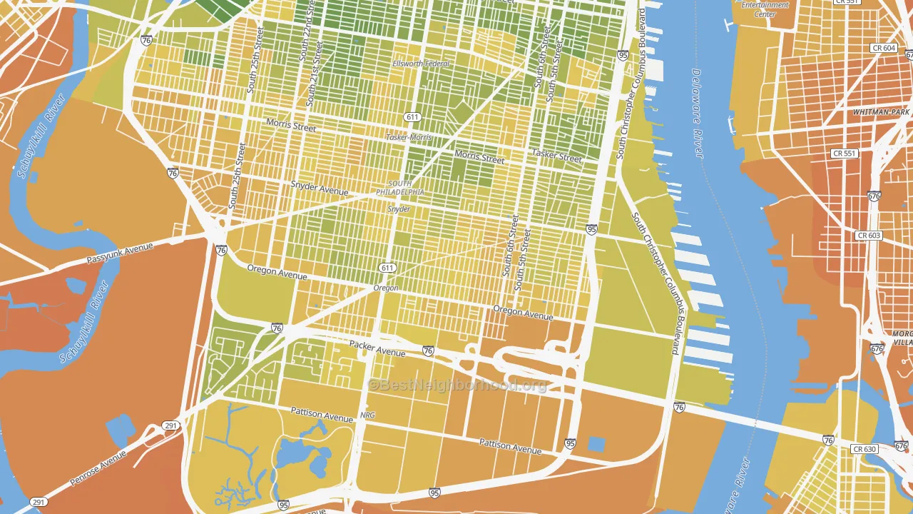 Map of the best neighborhoods in the South Philadelphia, Philadelphia area, with better matches in green and worse matches in red