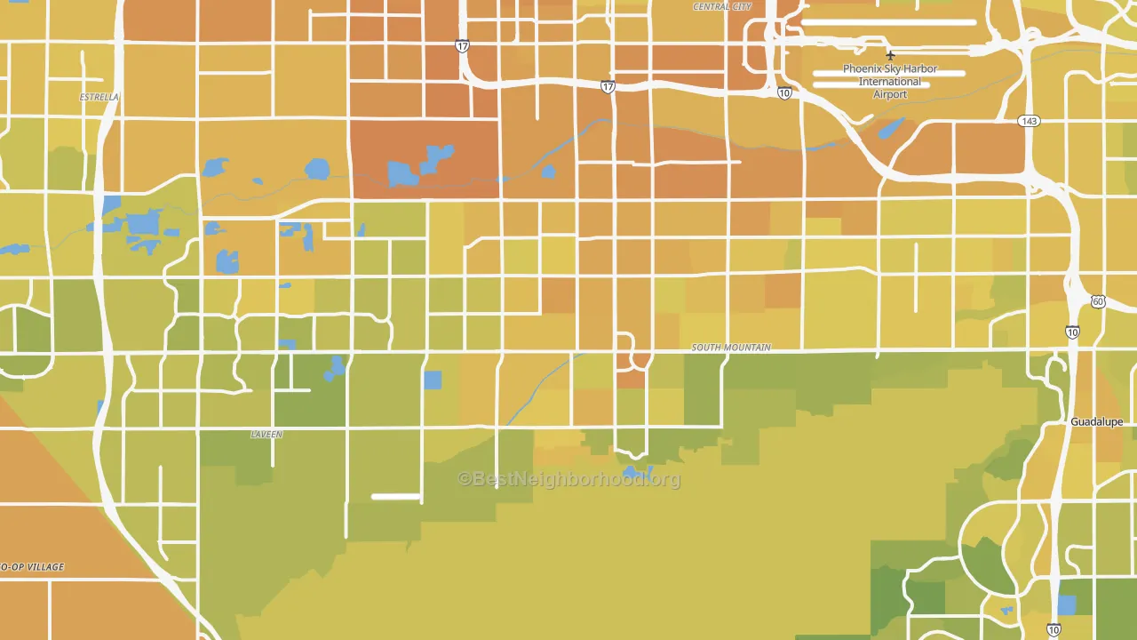 Map of the best neighborhoods in the South Phoenix, Phoenix area, with better matches in green and worse matches in red