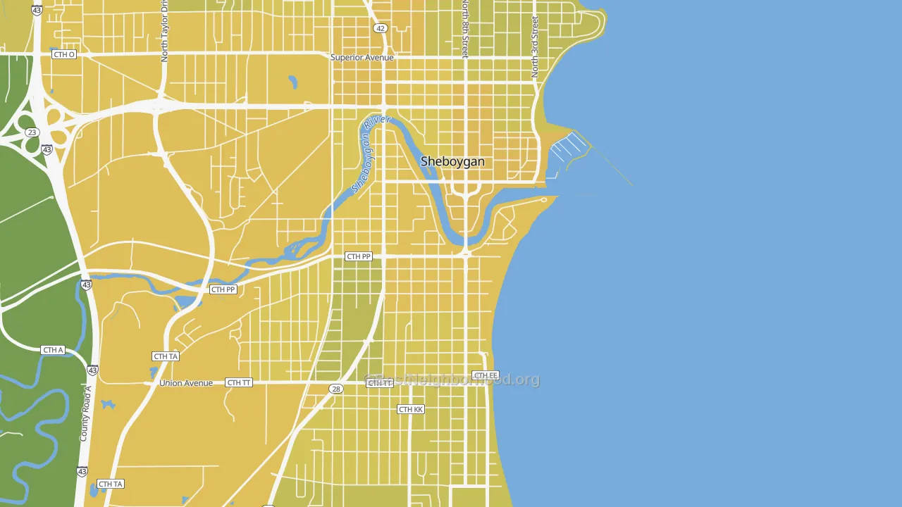 Map of the best neighborhoods in the South Pier, Sheboygan area, with better matches in green and worse matches in red