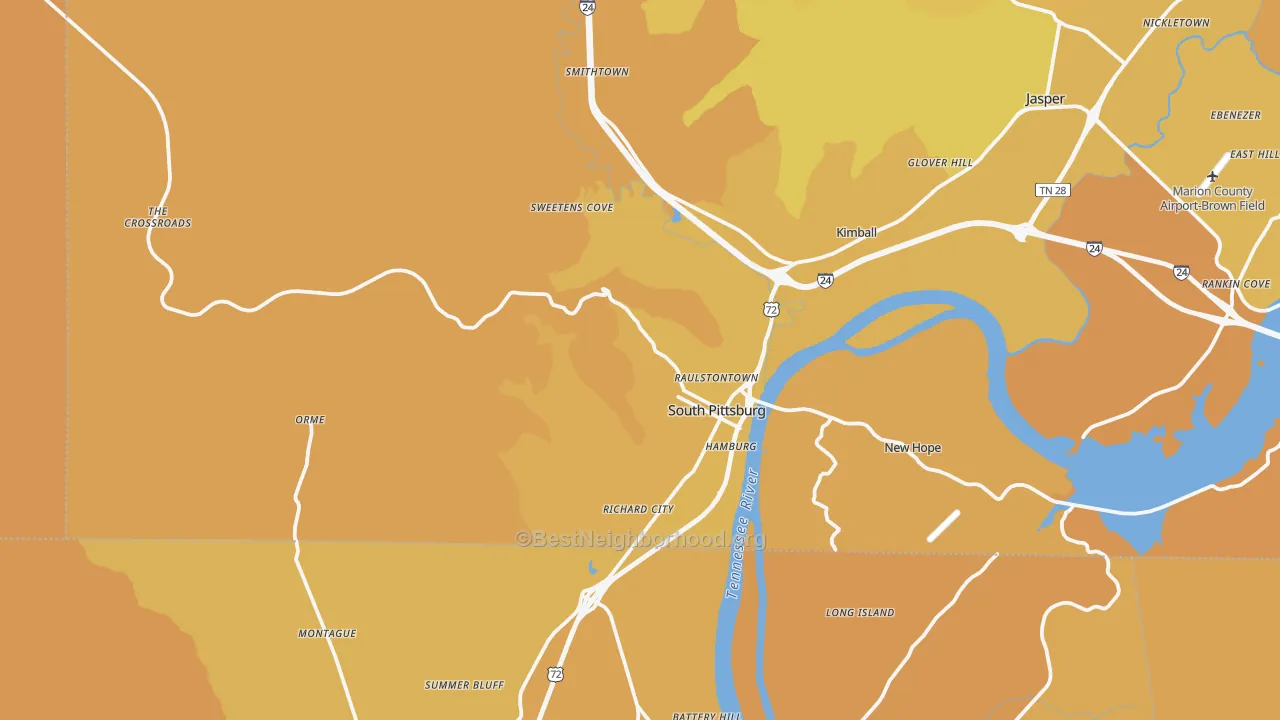 Map of the best neighborhoods in the South Pittsburg area, with better matches in green and worse matches in red