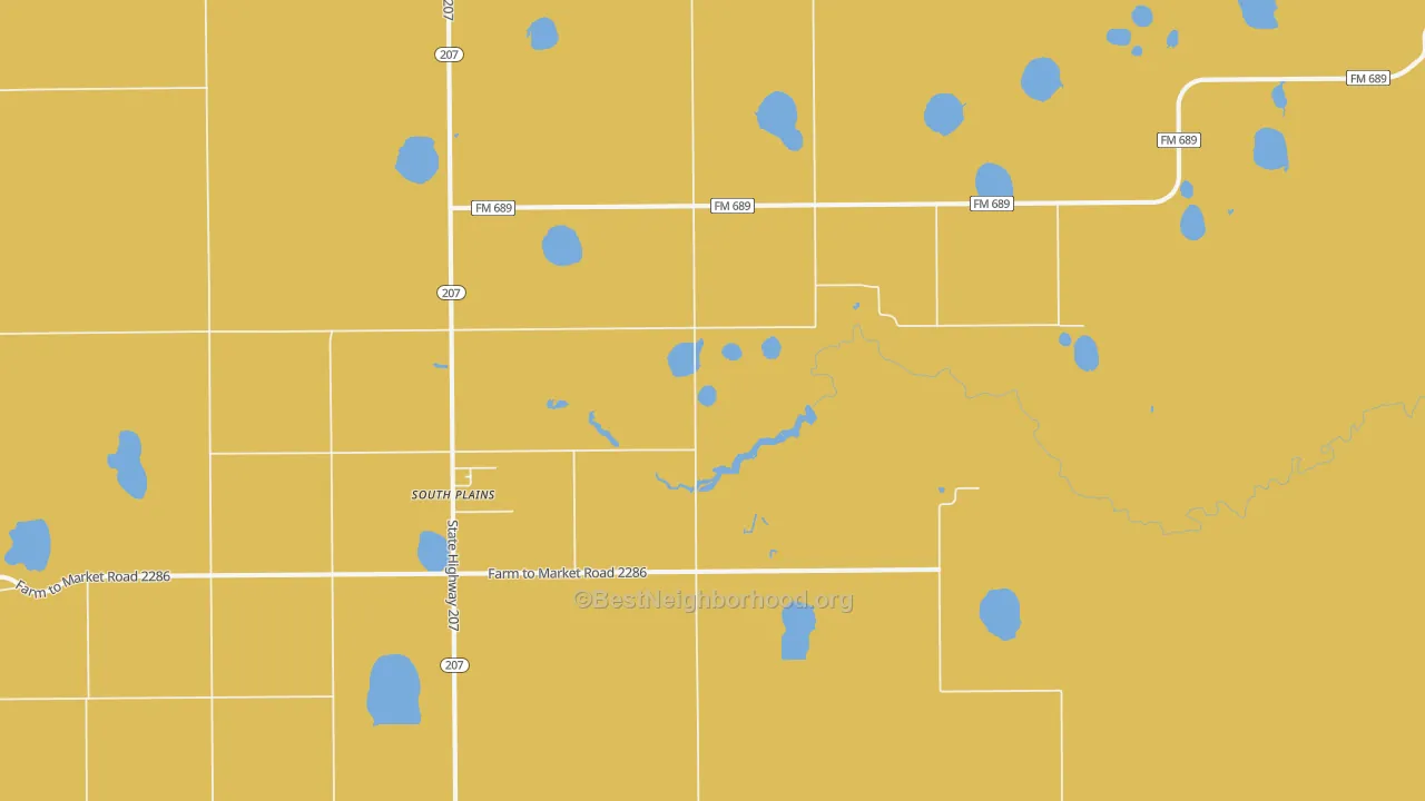 Map of the best neighborhoods in the South Plains area, with better matches in green and worse matches in red