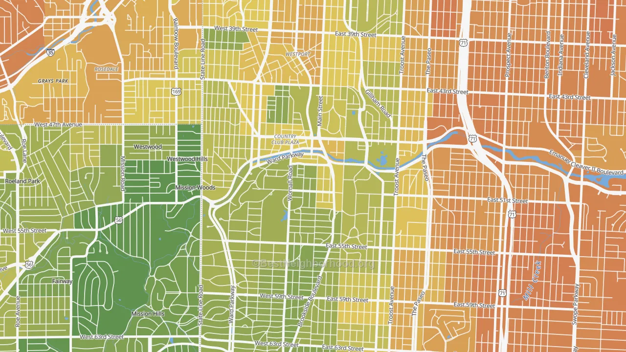Map of the best neighborhoods in the South Plaza, Kansas City area, with better matches in green and worse matches in red