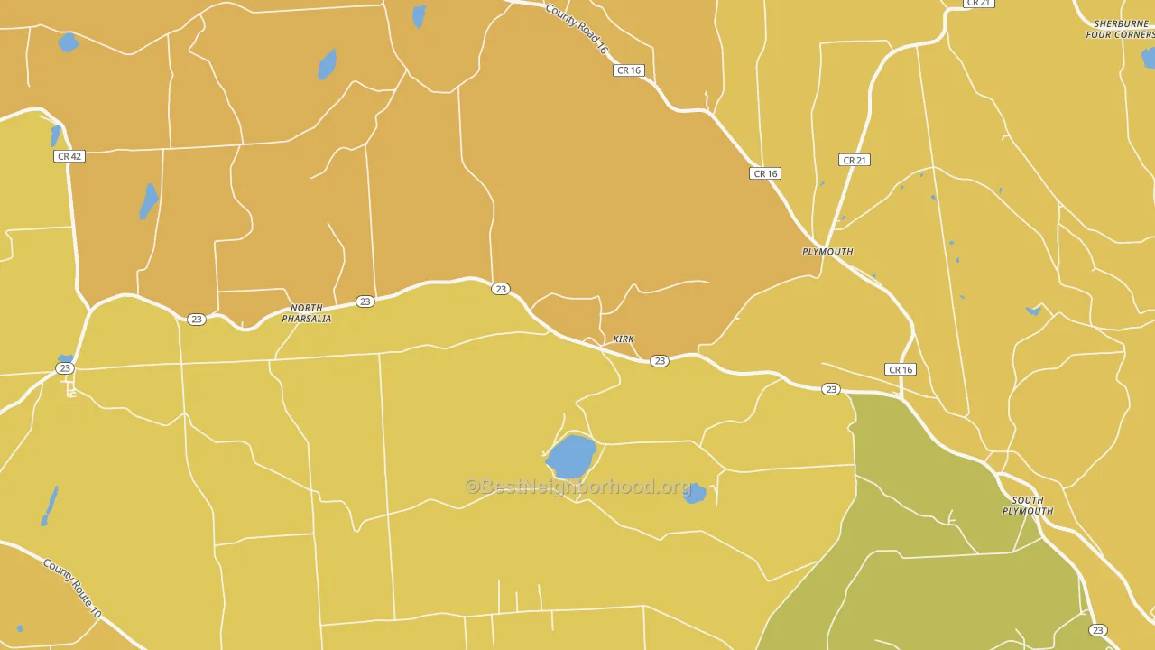 Map of the best neighborhoods in the South Plymouth area, with better matches in green and worse matches in red