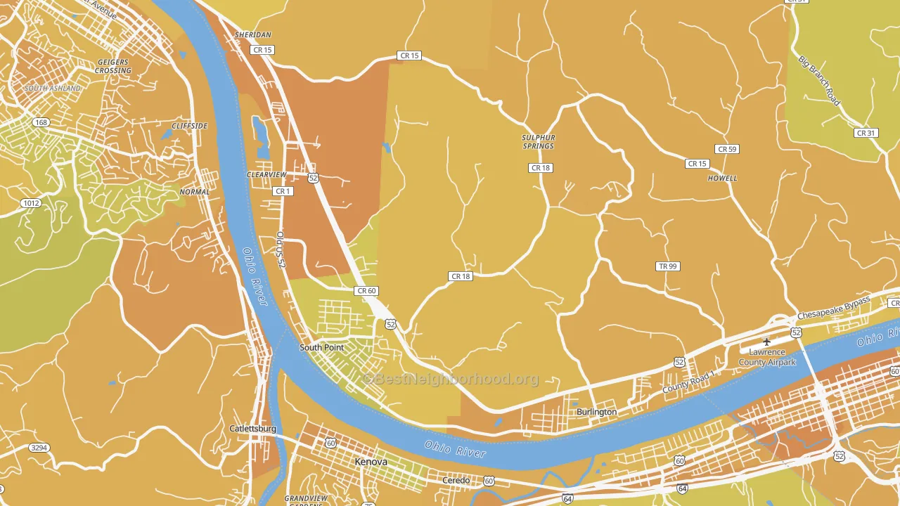 Map of the best neighborhoods in the South Point area, with better matches in green and worse matches in red