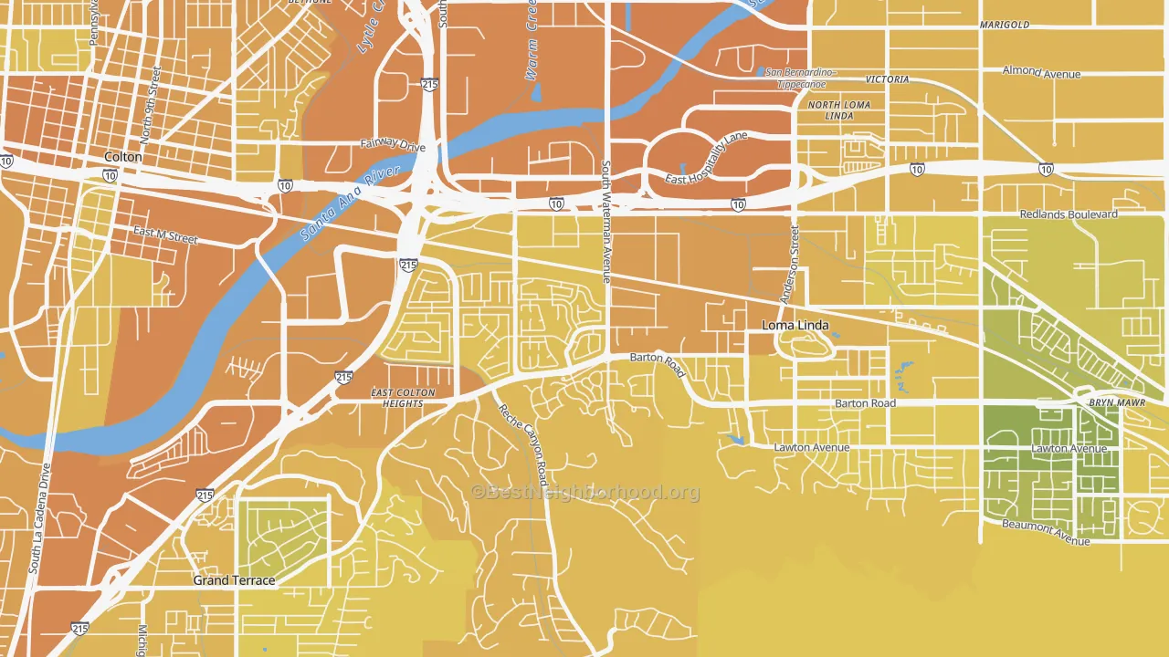 Map of the best neighborhoods in the South Pointe, San Bernardino area, with better matches in green and worse matches in red