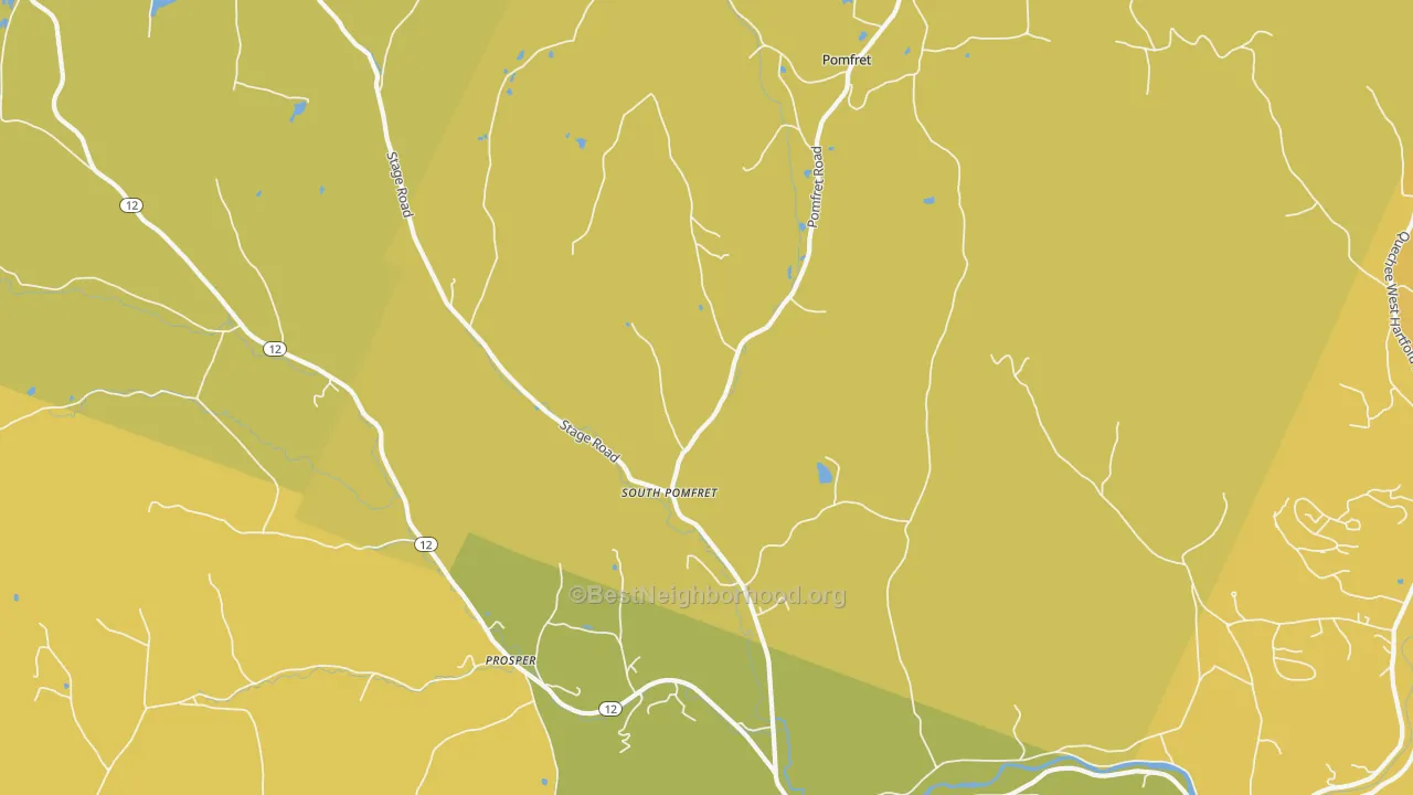 Map of the best neighborhoods in the South Pomfret area, with better matches in green and worse matches in red