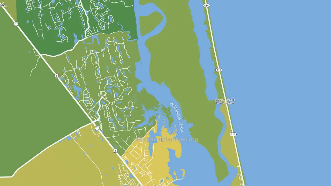 Map of the best neighborhoods in the South Ponte Vedra Beach area, with better matches in green and worse matches in red