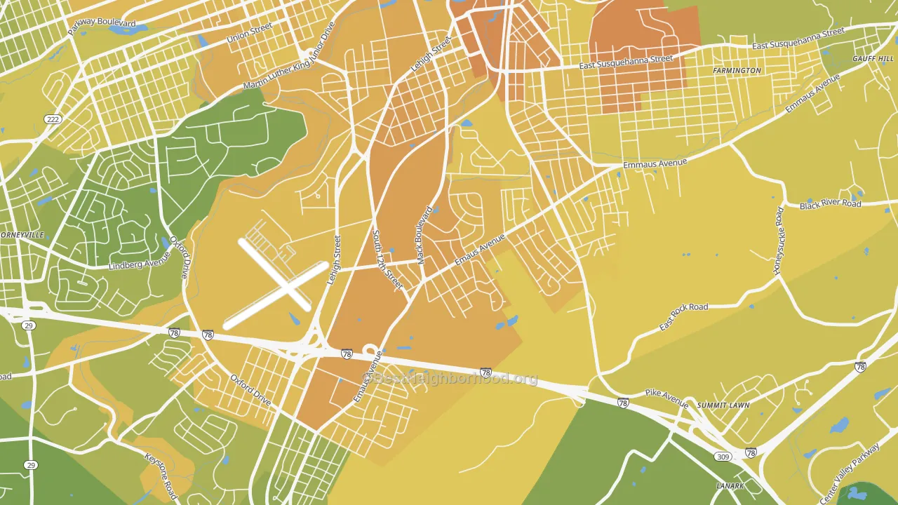 Map of the best neighborhoods in the South Poplar, Allentown area, with better matches in green and worse matches in red