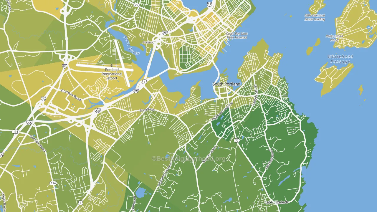 Map of the best neighborhoods in the South Portland area, with better matches in green and worse matches in red