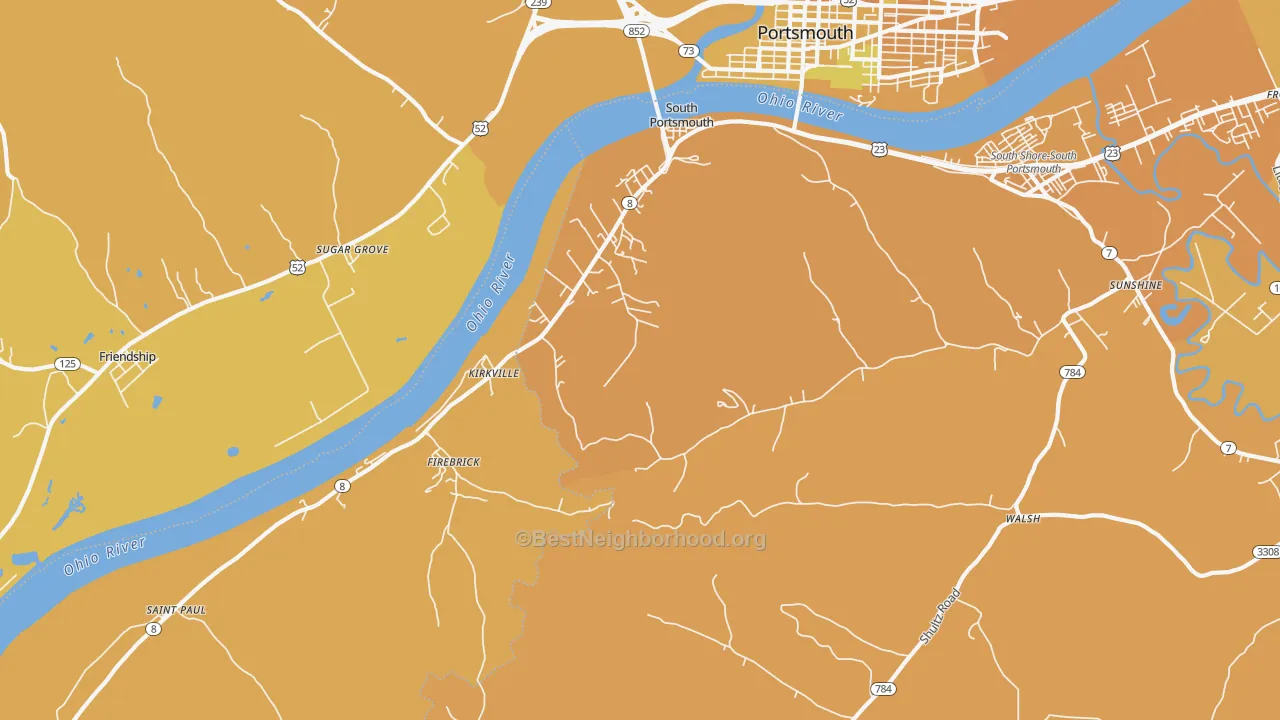 Map of the best neighborhoods in the South Portsmouth area, with better matches in green and worse matches in red
