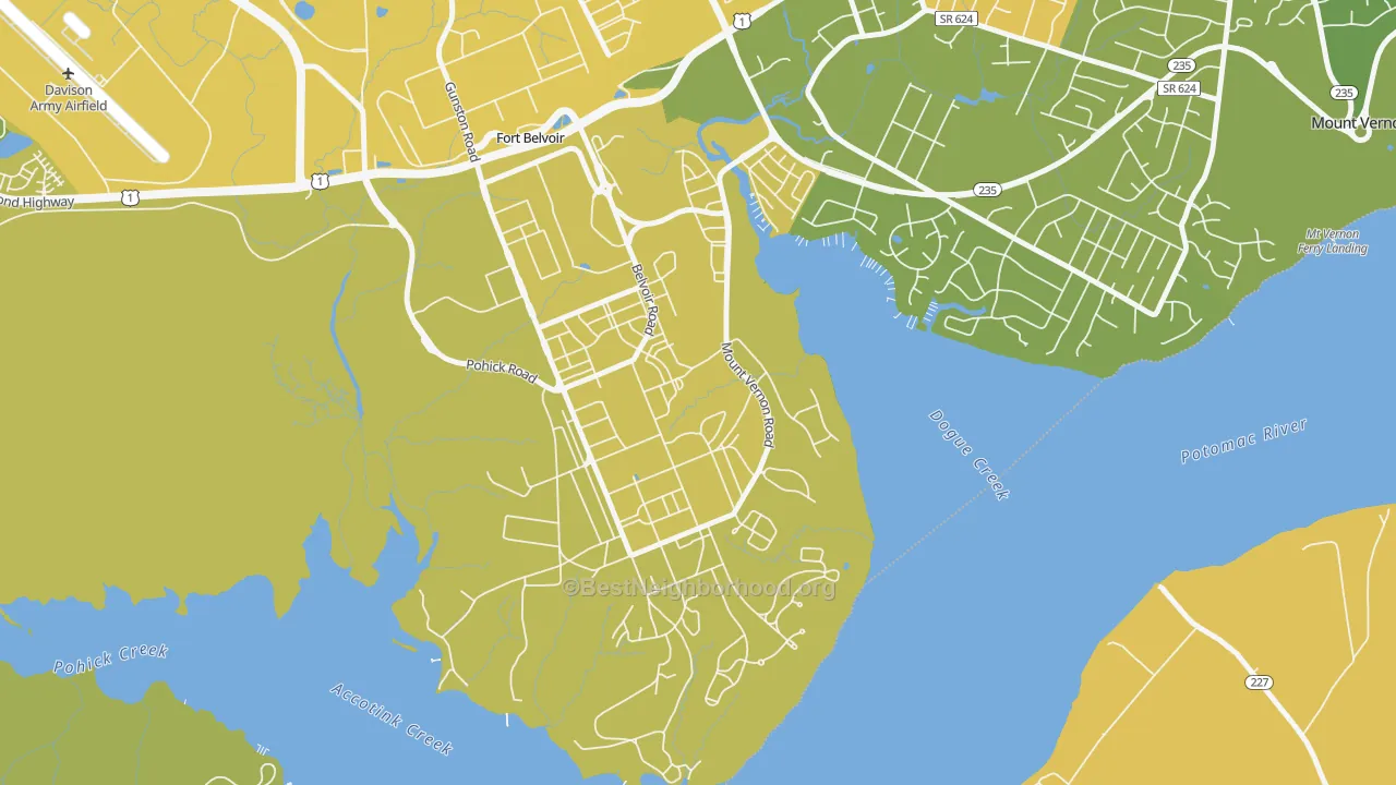 Map of the best neighborhoods in the South Post, Fort Belvoir area, with better matches in green and worse matches in red