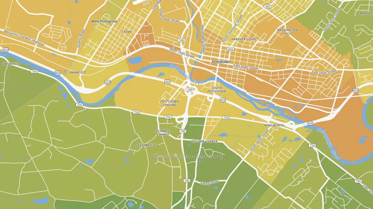 Map of the best neighborhoods in the South Pottstown area, with better matches in green and worse matches in red