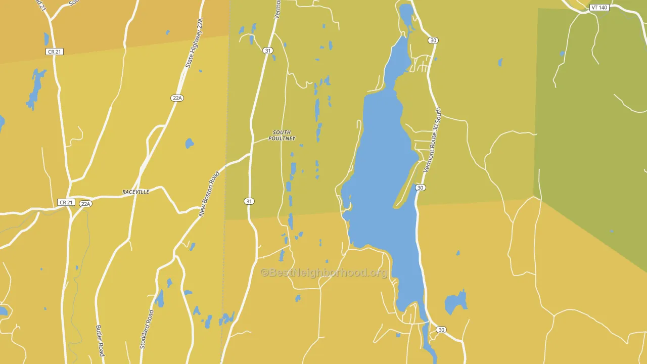 Map of the best neighborhoods in the South Poultney area, with better matches in green and worse matches in red