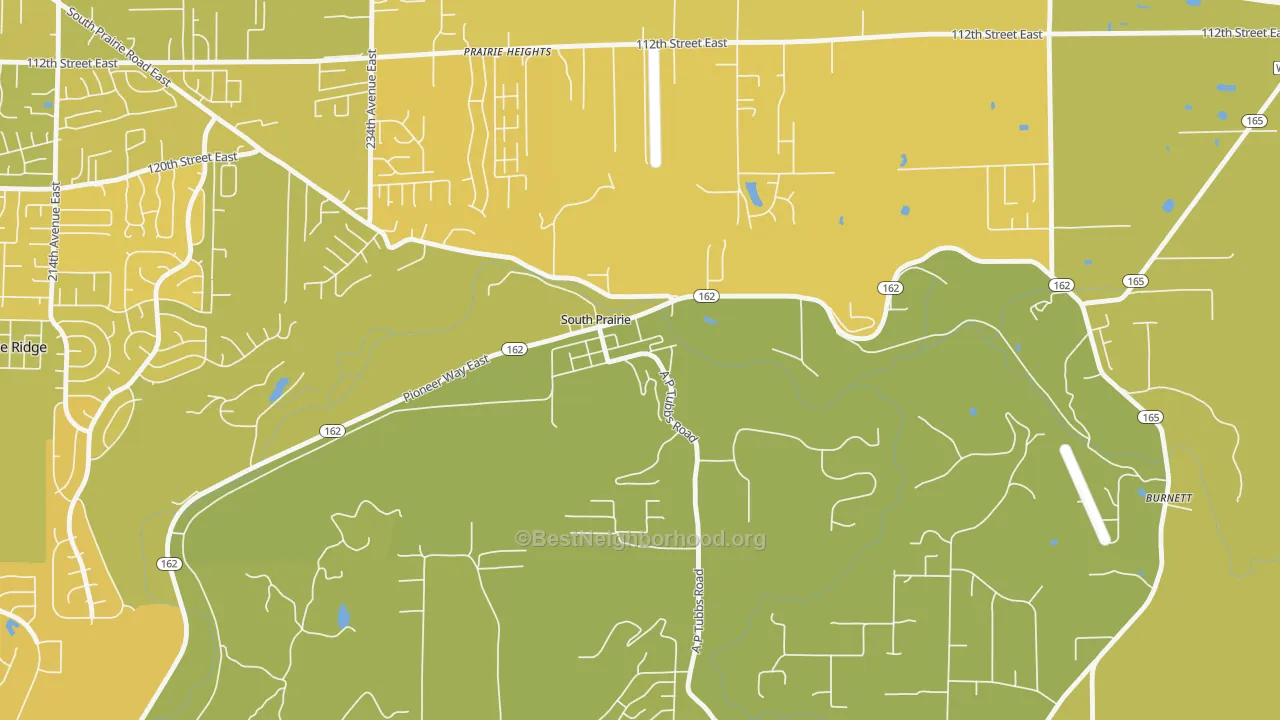 Map of the best neighborhoods in the South Prairie area, with better matches in green and worse matches in red