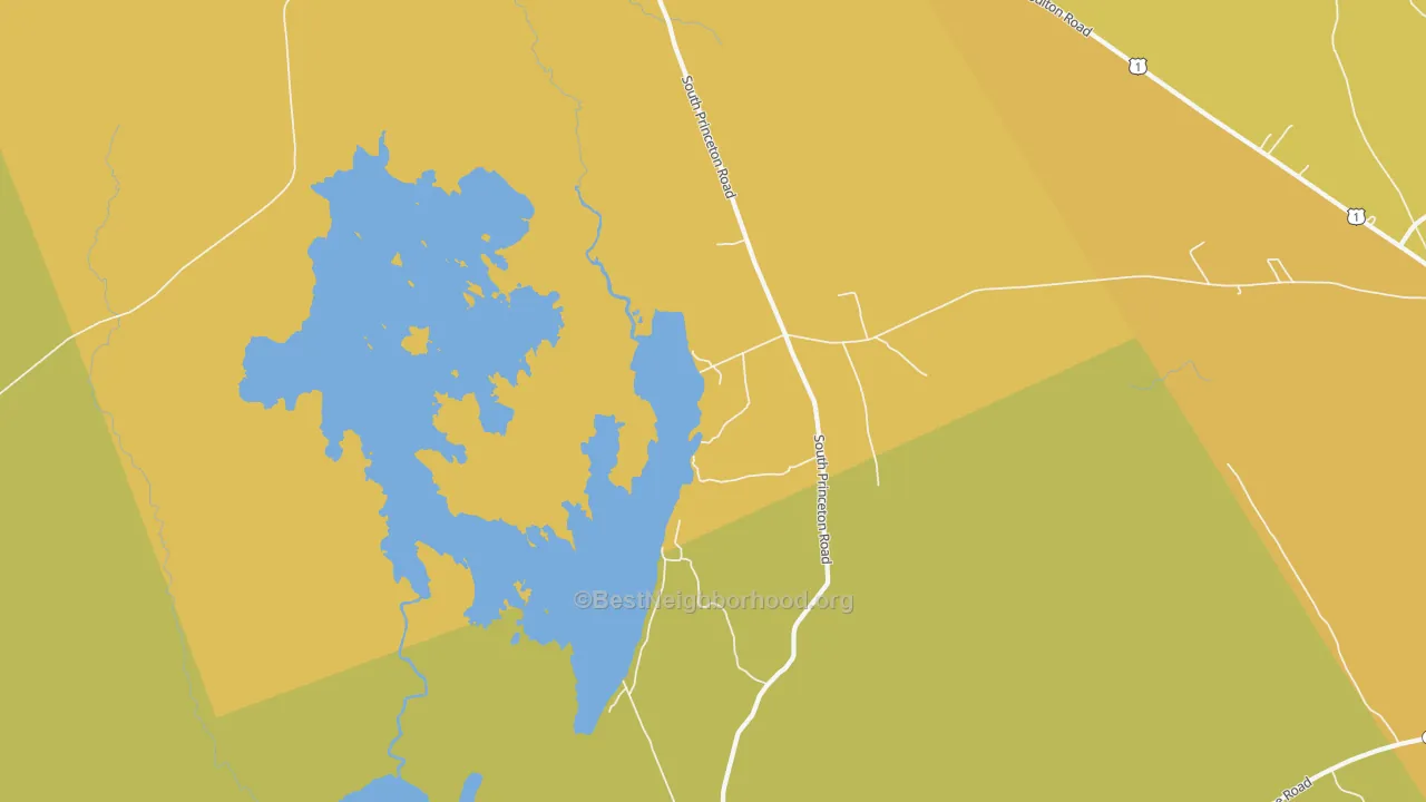 Map of the best neighborhoods in the South Princeton area, with better matches in green and worse matches in red