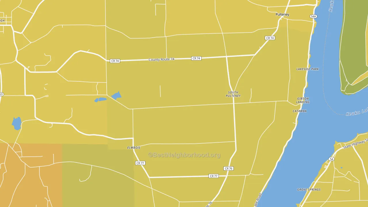 Map of the best neighborhoods in the South Pulteney area, with better matches in green and worse matches in red
