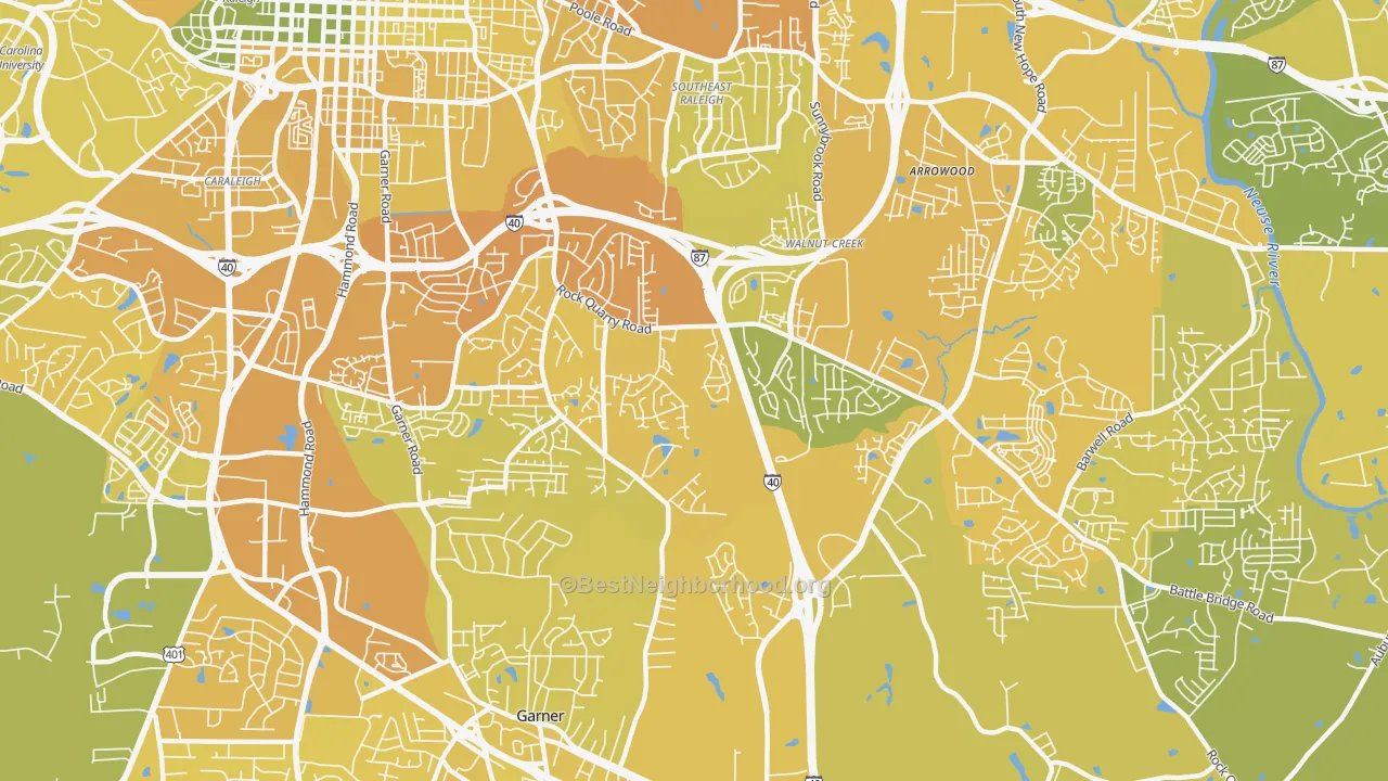Map of the best neighborhoods in the South, Raleigh area, with better matches in green and worse matches in red