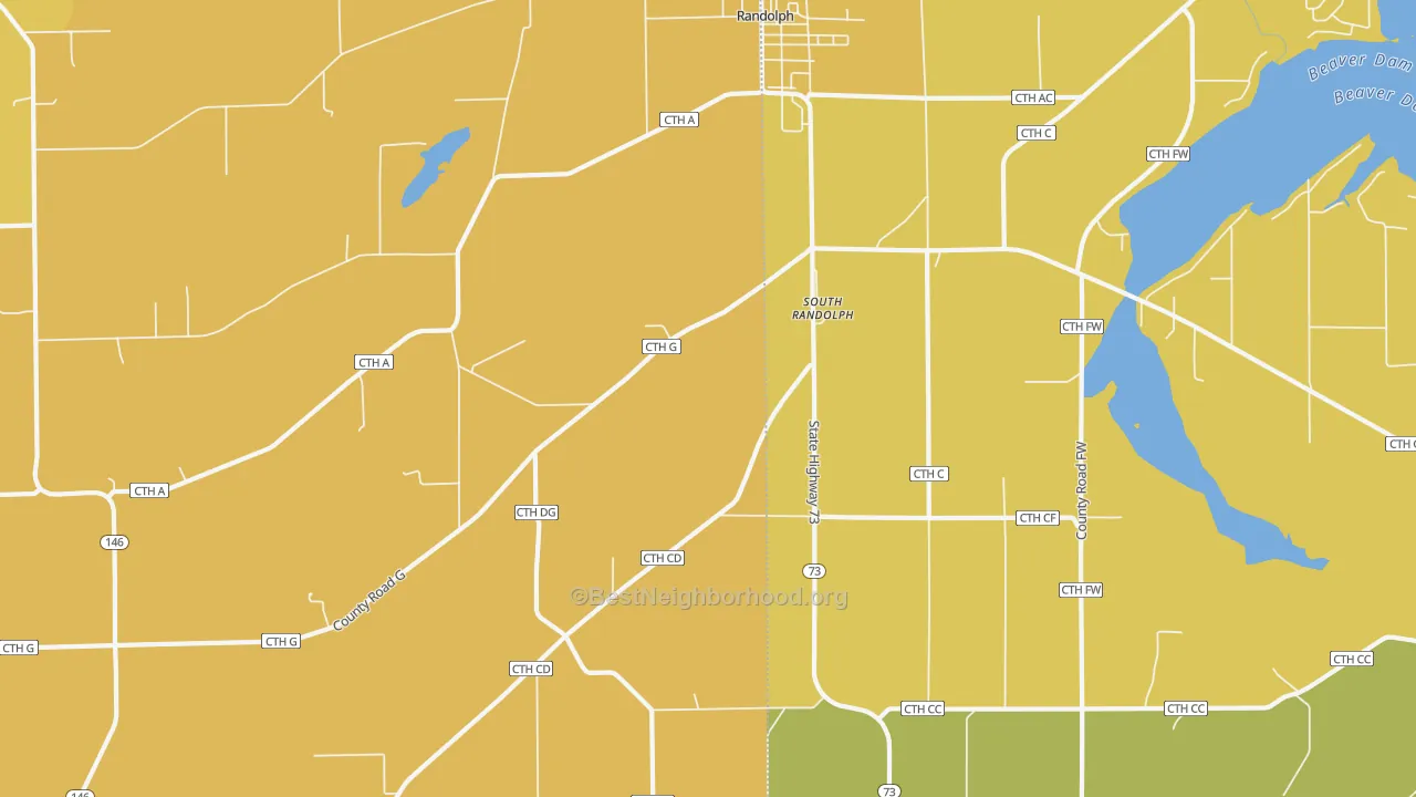 Map of the best neighborhoods in the South Randolph area, with better matches in green and worse matches in red
