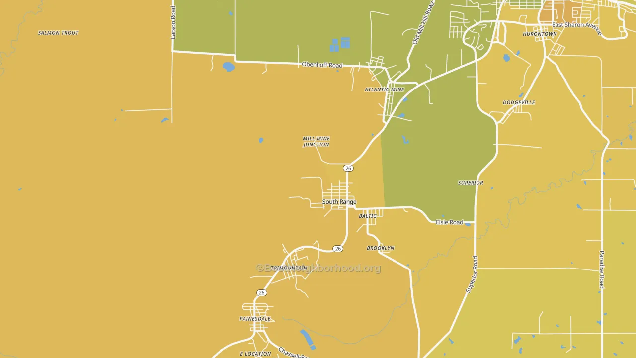 Map of the best neighborhoods in the South Range area, with better matches in green and worse matches in red