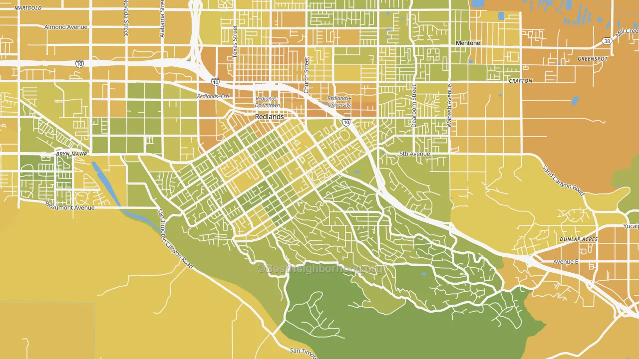 Map of the best neighborhoods in the South Redlands, Redlands area, with better matches in green and worse matches in red