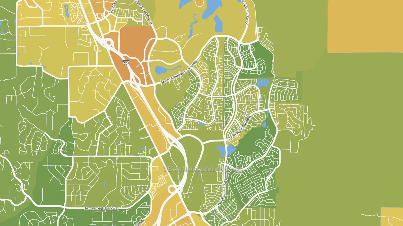 Map of the best neighborhoods in the South Reno, Reno area, with better matches in green and worse matches in red