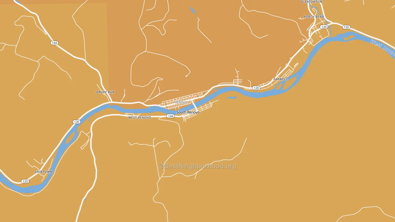 Map of the best neighborhoods in the South Renovo area, with better matches in green and worse matches in red