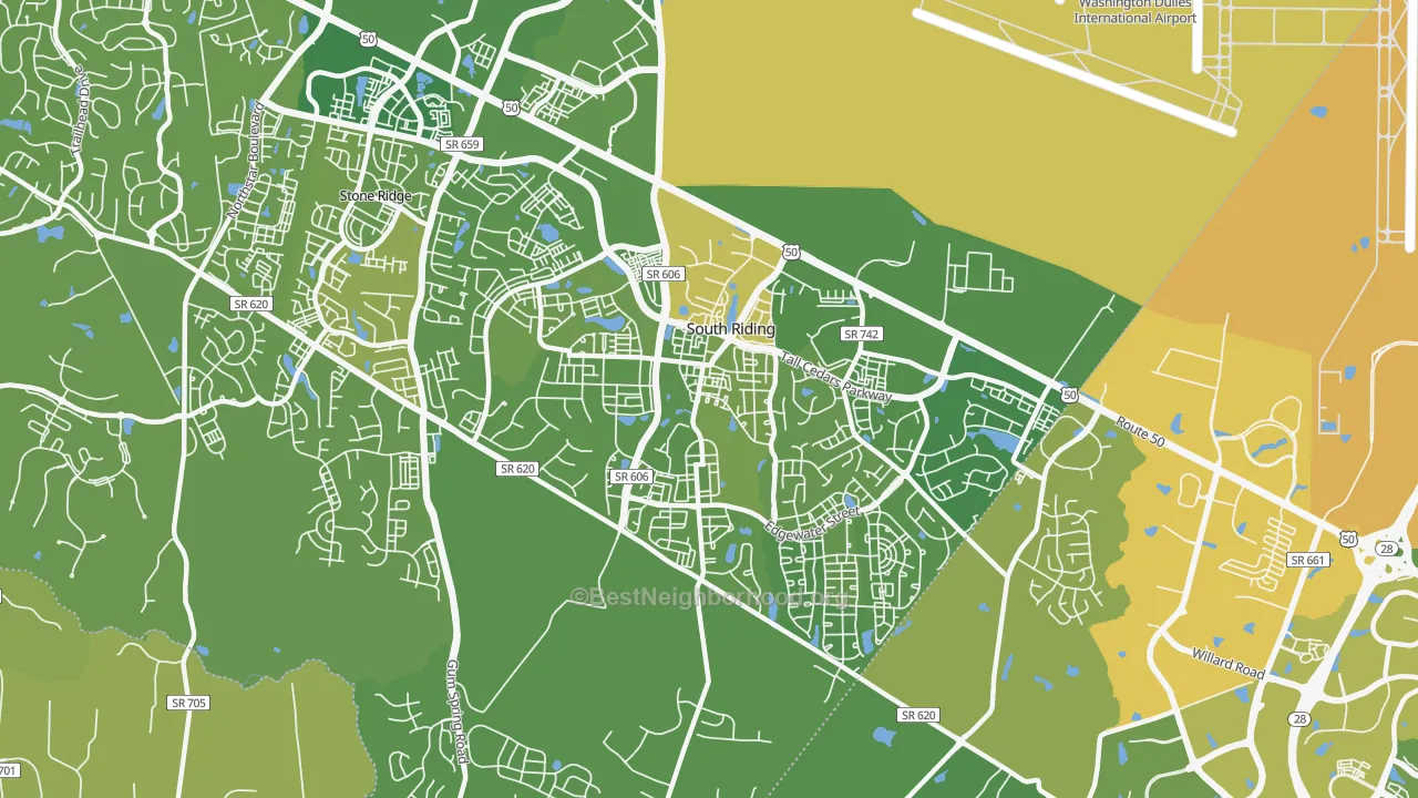 Map of the best neighborhoods in the South Riding area, with better matches in green and worse matches in red