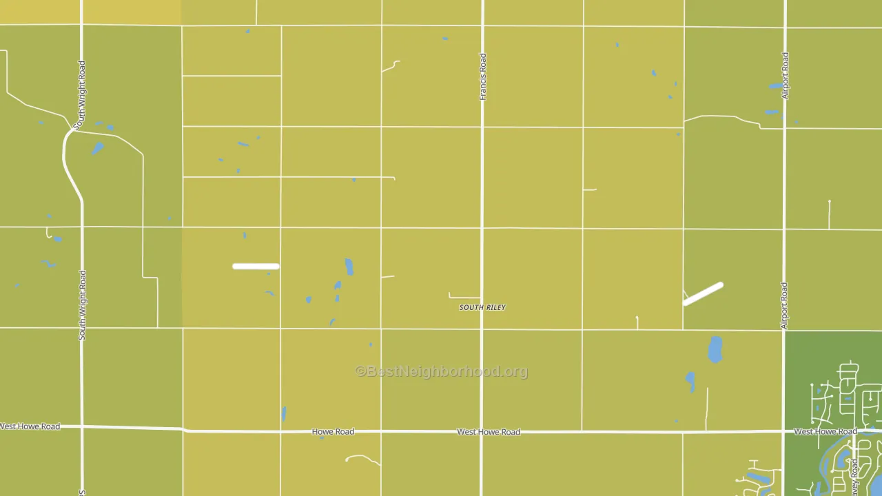 Map of the best neighborhoods in the South Riley area, with better matches in green and worse matches in red