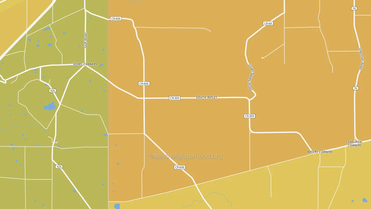 Map of the best neighborhoods in the South Ripley area, with better matches in green and worse matches in red