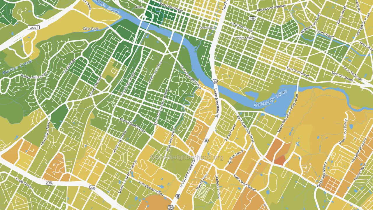Map of the best neighborhoods in the South River City, Austin area, with better matches in green and worse matches in red