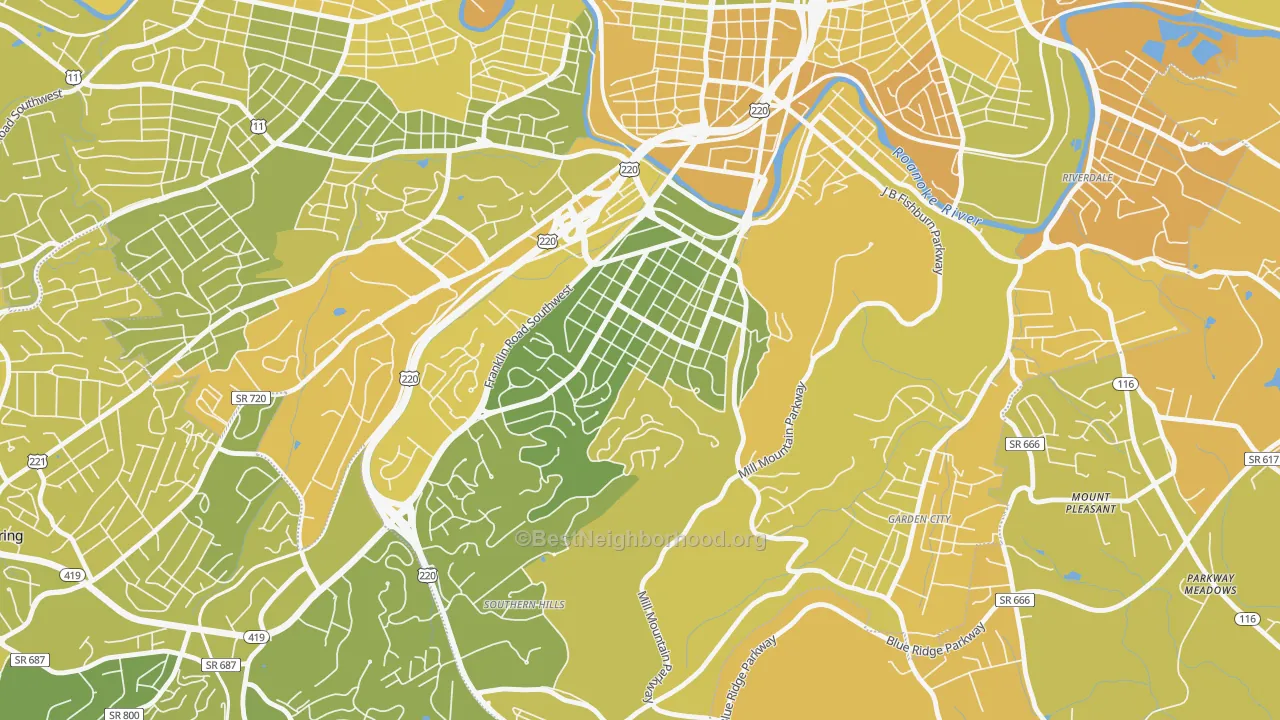 Map of the best neighborhoods in the South Roanoke, Roanoke area, with better matches in green and worse matches in red