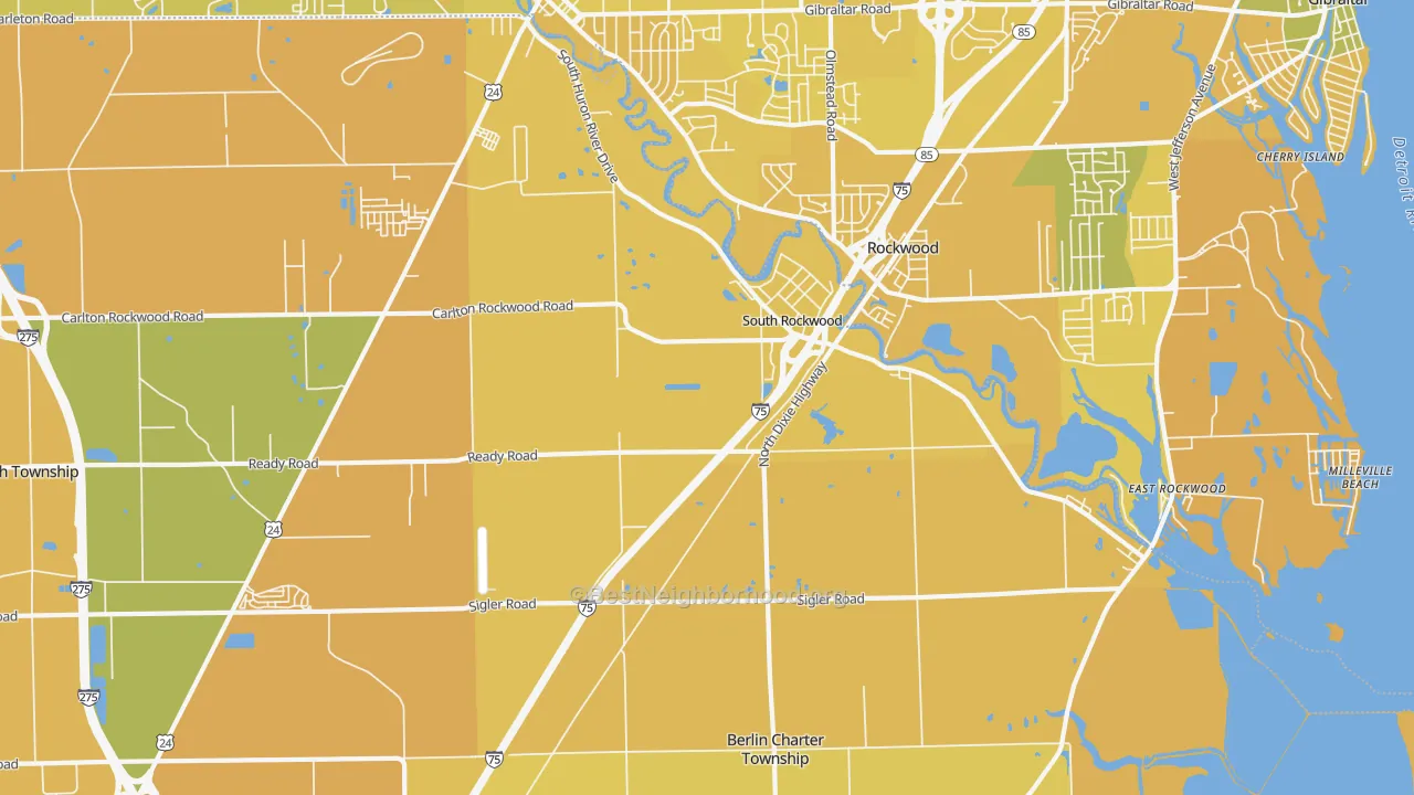 Map of the best neighborhoods in the South Rockwood area, with better matches in green and worse matches in red