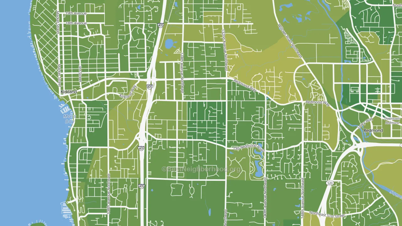 Map of the best neighborhoods in the South Rose Hill, Kirkland area, with better matches in green and worse matches in red