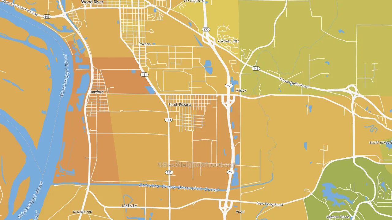 Map of the best neighborhoods in the South Roxana area, with better matches in green and worse matches in red