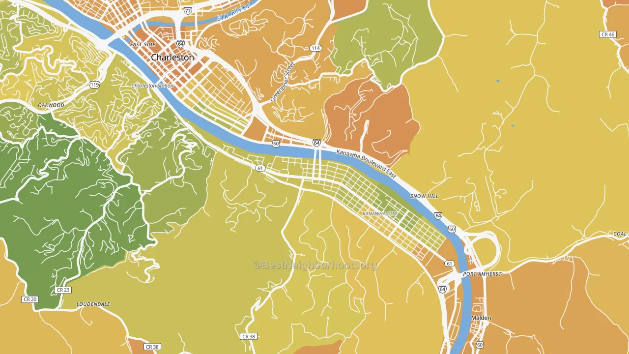 Map of the best neighborhoods in the South Ruffner, Charleston area, with better matches in green and worse matches in red