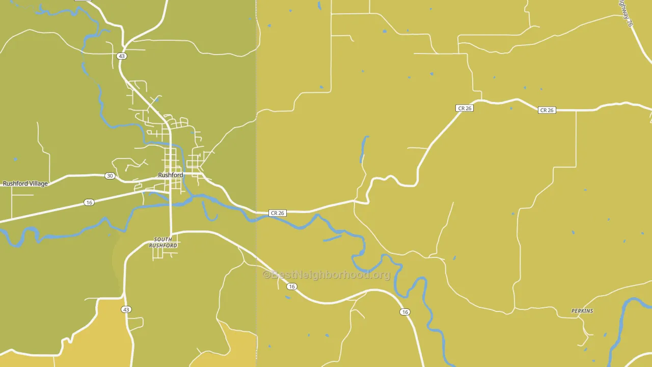 Map of the best neighborhoods in the South Rushford area, with better matches in green and worse matches in red