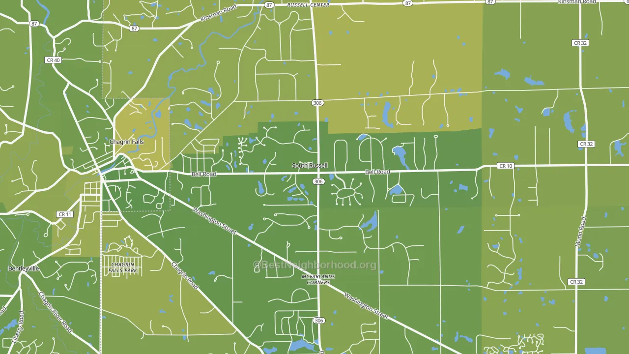 Map of the best neighborhoods in the South Russell area, with better matches in green and worse matches in red