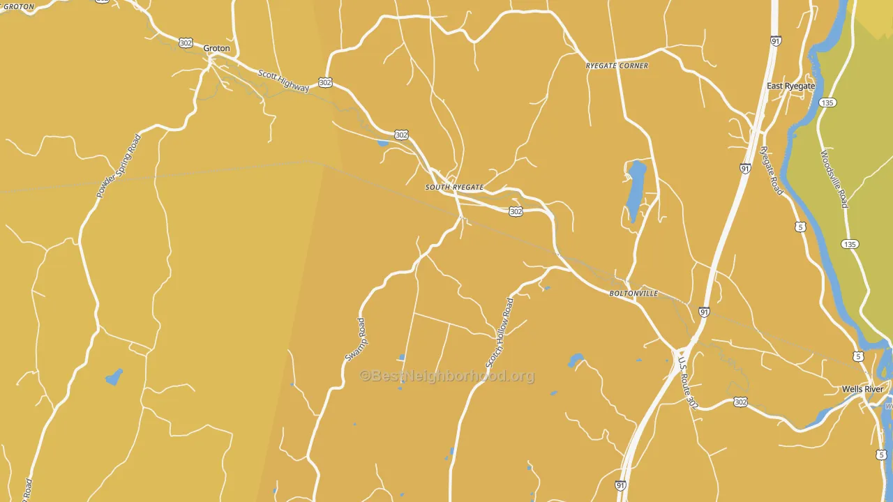 Map of the best neighborhoods in the South Ryegate area, with better matches in green and worse matches in red