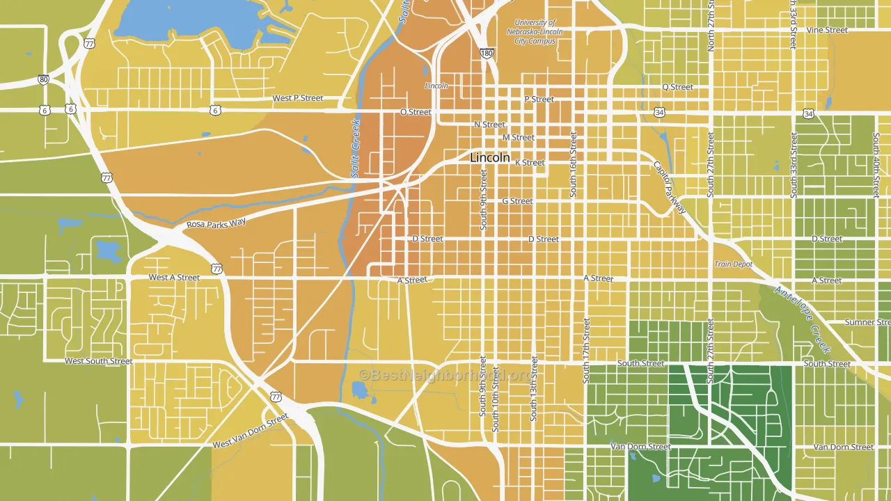 Map of the best neighborhoods in the South Salt Creek, Lincoln area, with better matches in green and worse matches in red