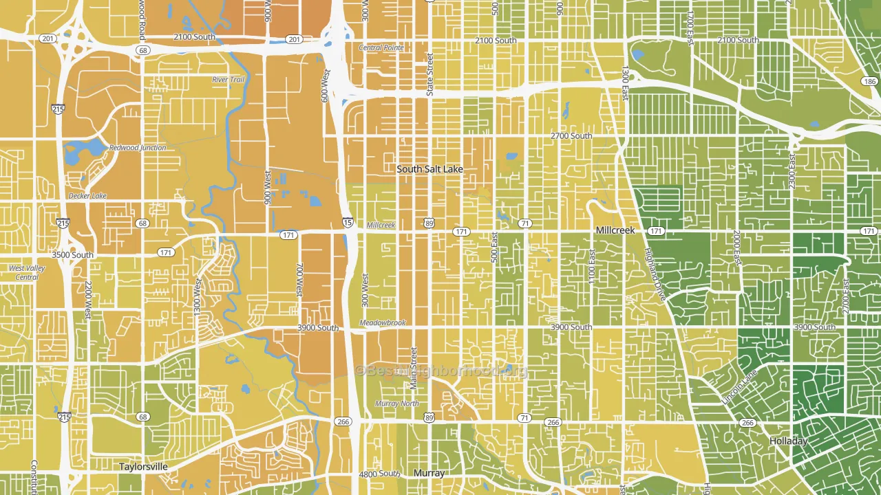 Map of the best neighborhoods in the South Salt Lake area, with better matches in green and worse matches in red
