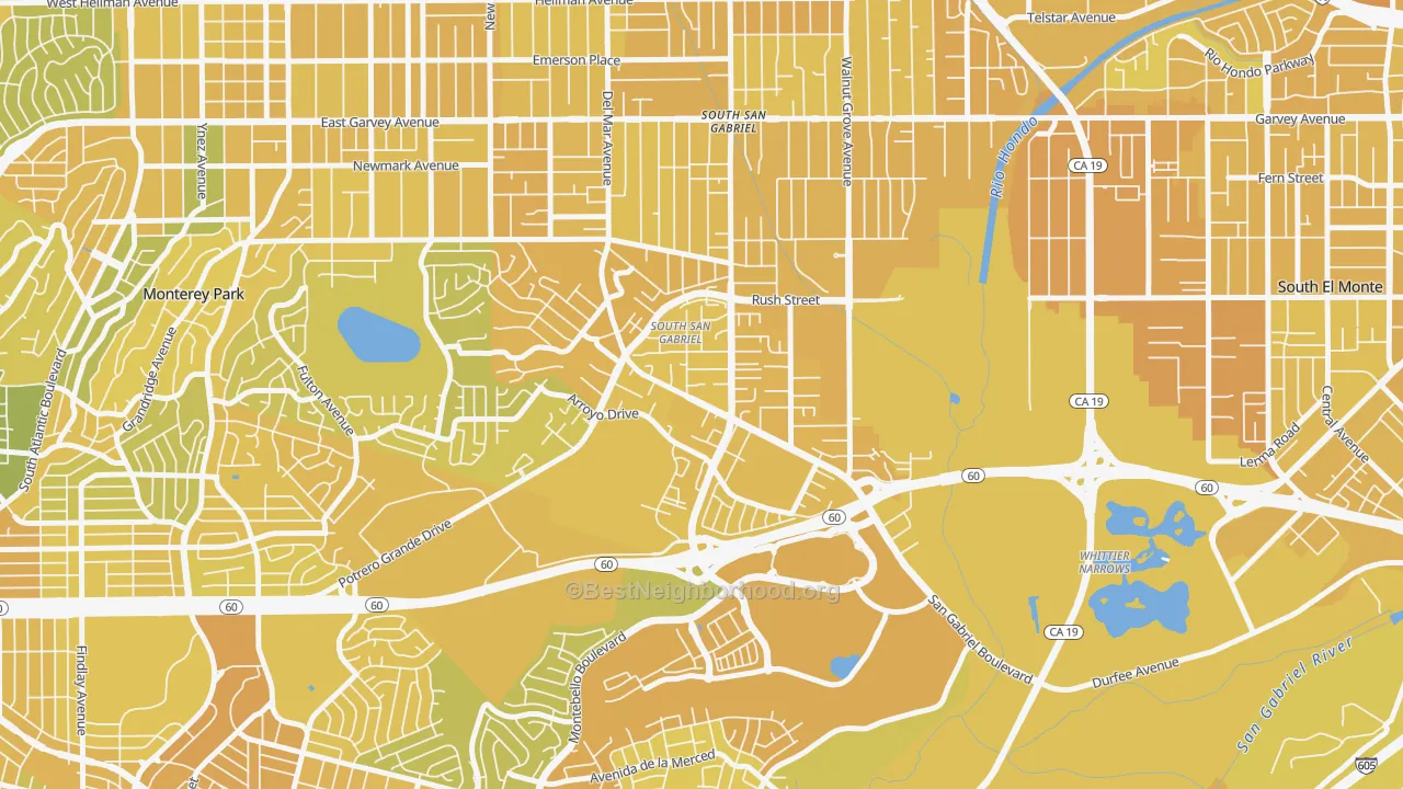 Map of the best neighborhoods in the South San Gabriel, Rosemead area, with better matches in green and worse matches in red
