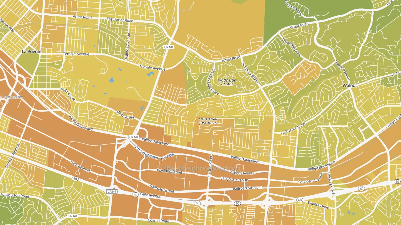 Map of the best neighborhoods in the South San Jose Hills area, with better matches in green and worse matches in red