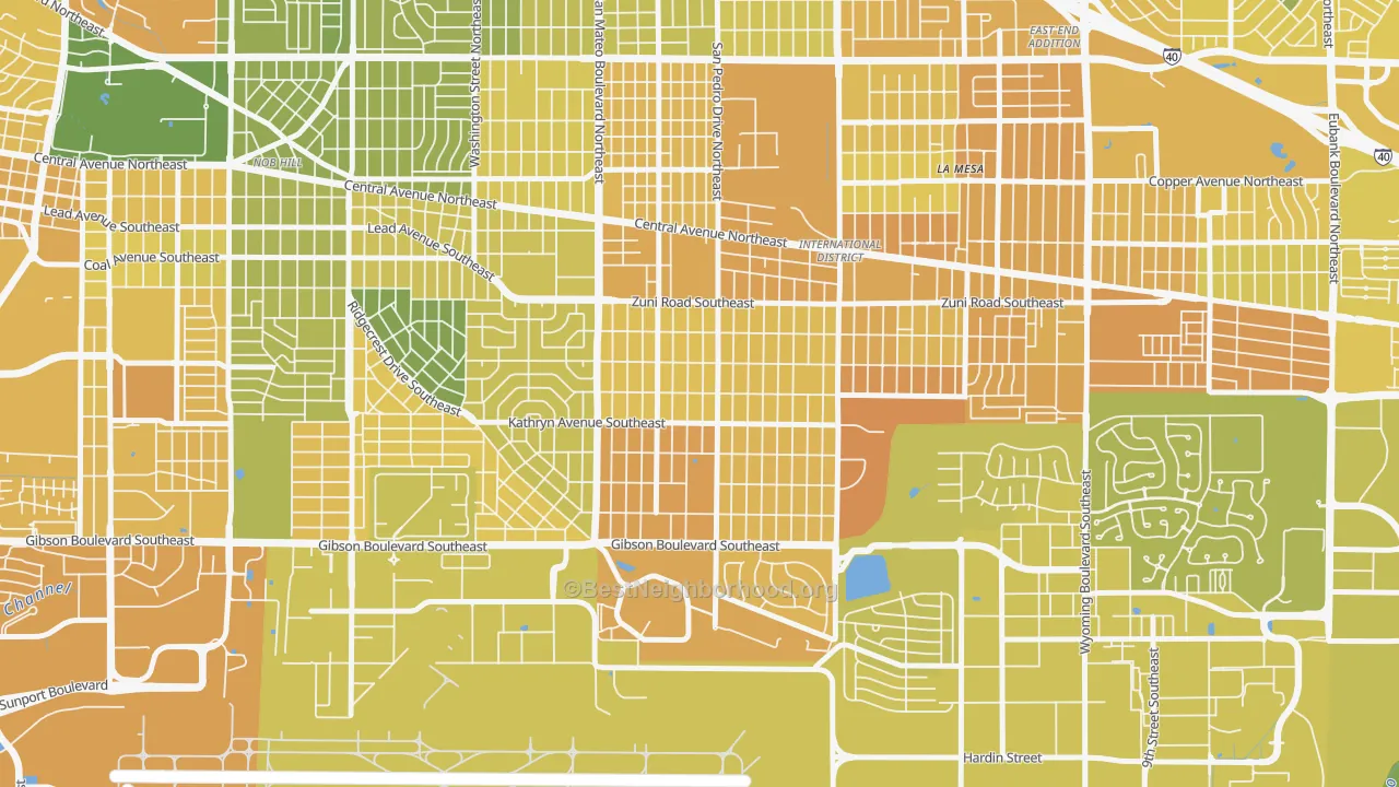 Map of the best neighborhoods in the South San Pedro, Albuquerque area, with better matches in green and worse matches in red