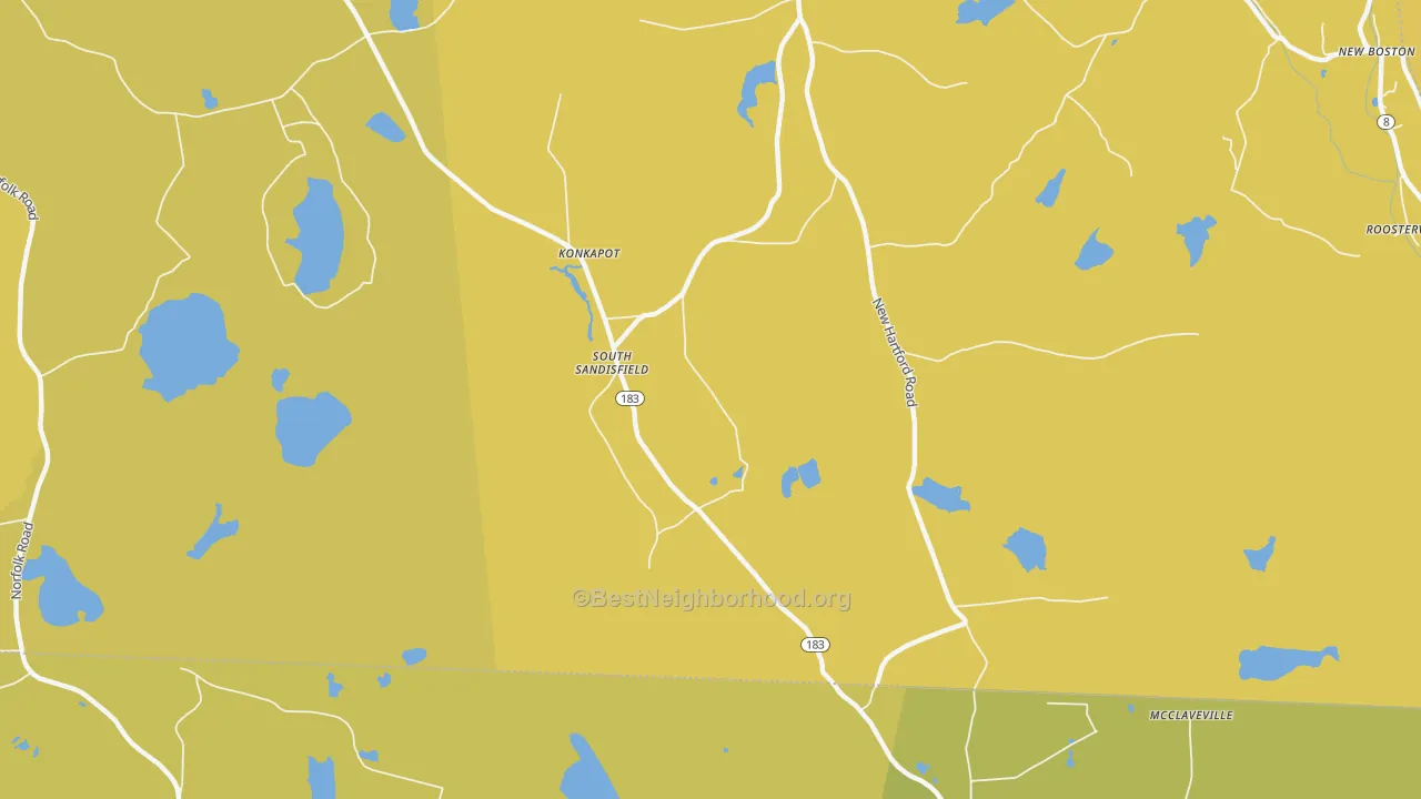 Map of the best neighborhoods in the South Sandisfield area, with better matches in green and worse matches in red