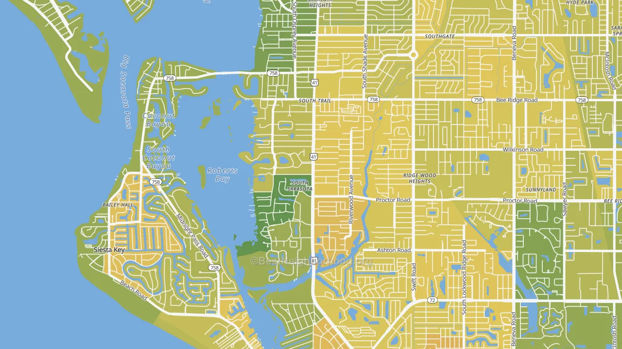 Map of the best neighborhoods in the South Sarasota area, with better matches in green and worse matches in red