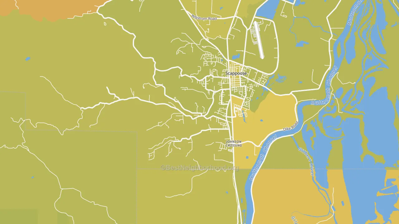 Map of the best neighborhoods in the South Scappoose area, with better matches in green and worse matches in red