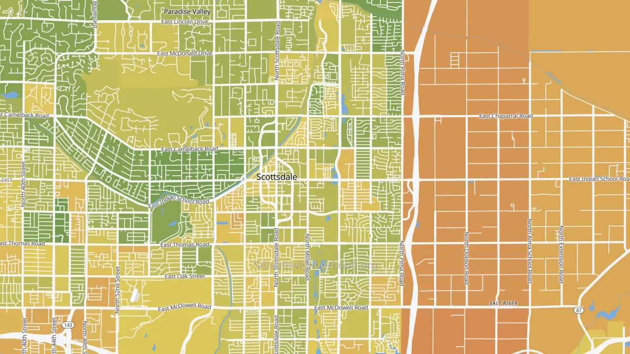 Map of the best neighborhoods in the South Scottsdale, Scottsdale area, with better matches in green and worse matches in red