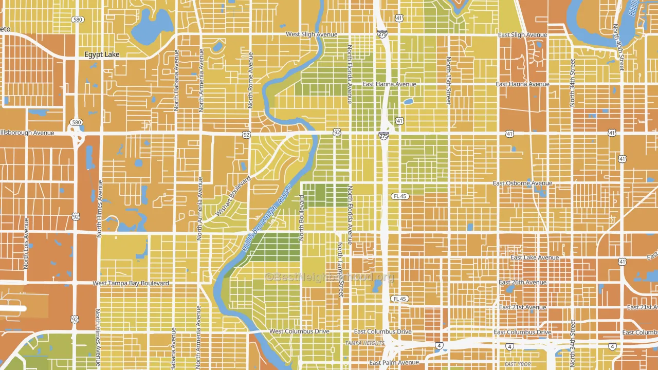 Map of the best neighborhoods in the South Seminole Heights, Tampa area, with better matches in green and worse matches in red
